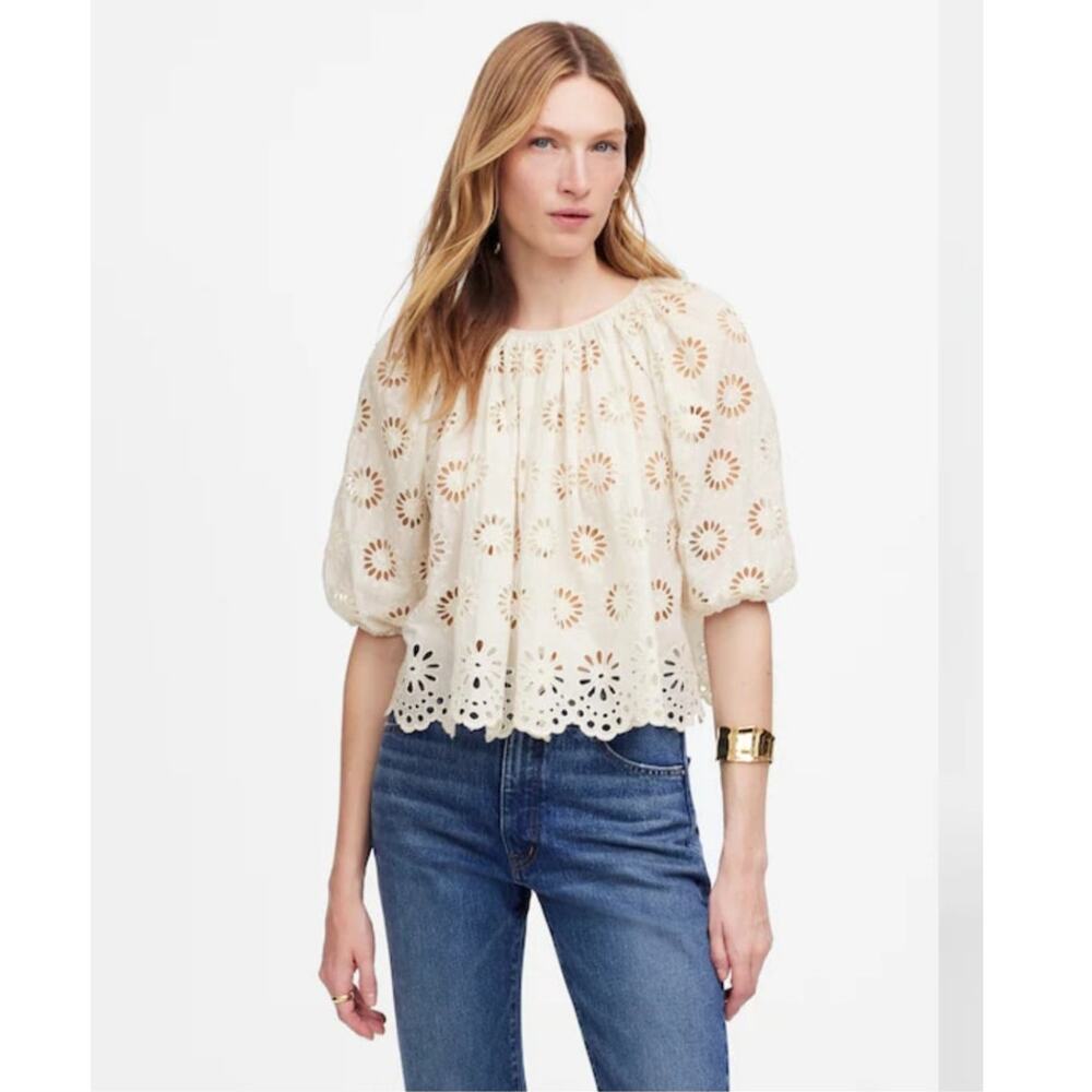 NWT Madewell Embroidered Shirred Puff-Sleeve Top Cream XS